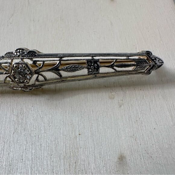 Antique Art Deco 14k Gold With Diamond Bar Brooch - Picture 5 of 9